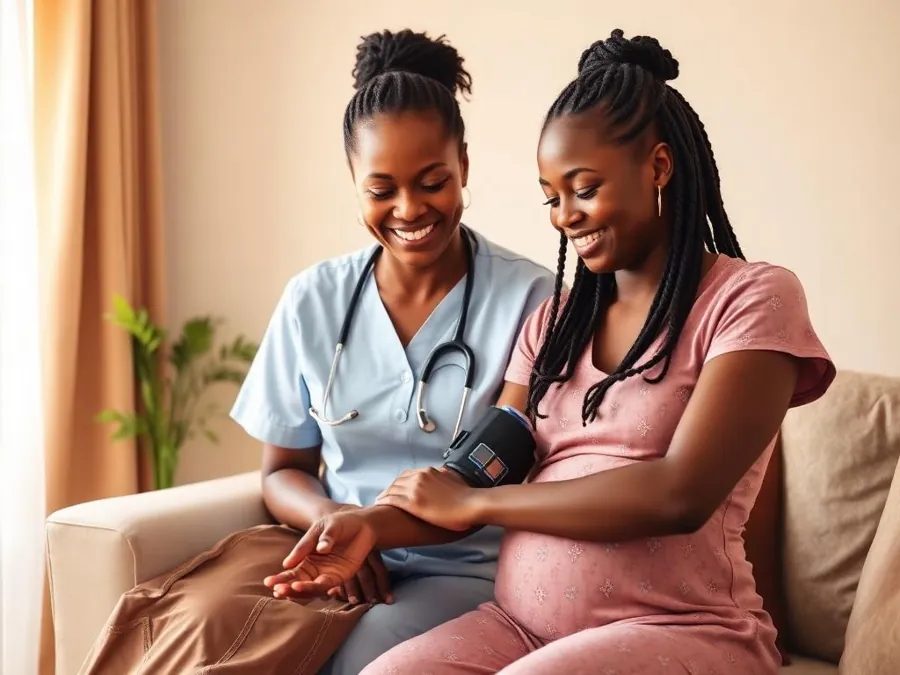 A midwife checking a pregnant woman's blood pressure at home