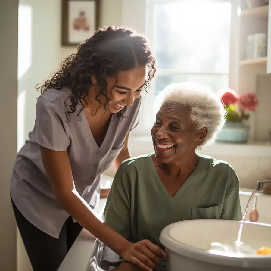 A carer and an older woman laughing together at home