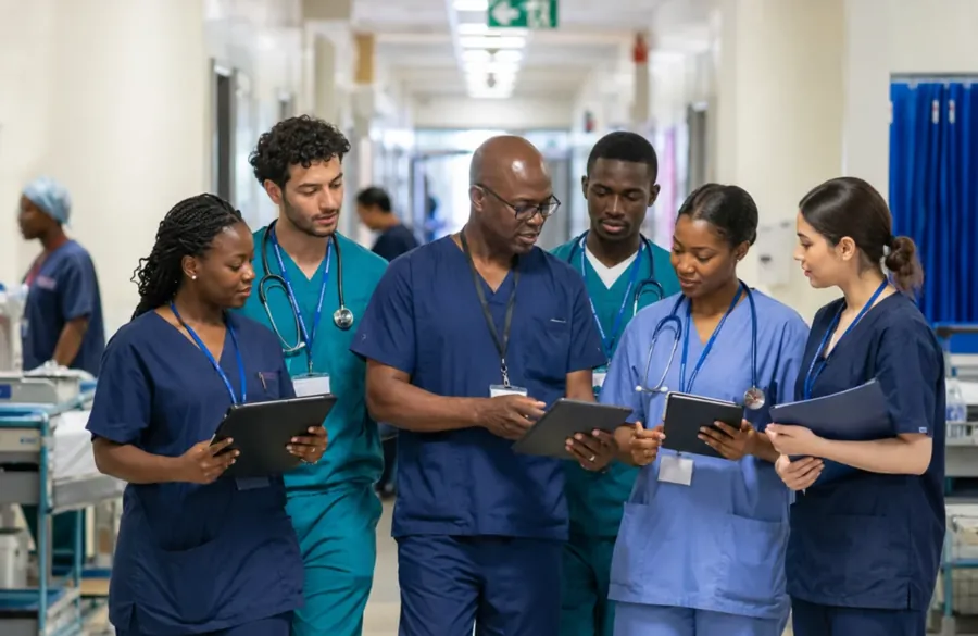 A team of nurses and doctors reviewing notes on a hospital ward