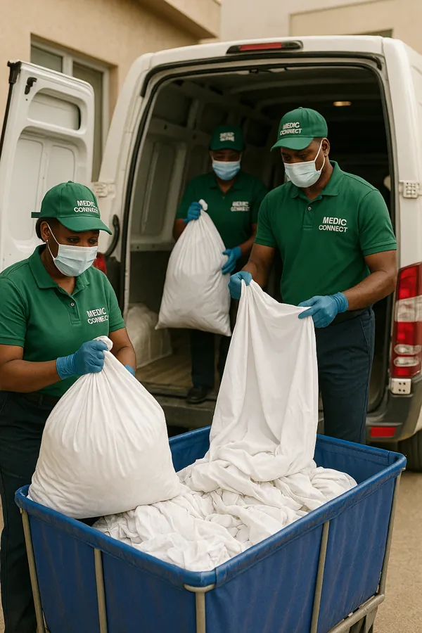 Medic Connect support staff collecting hospital linen